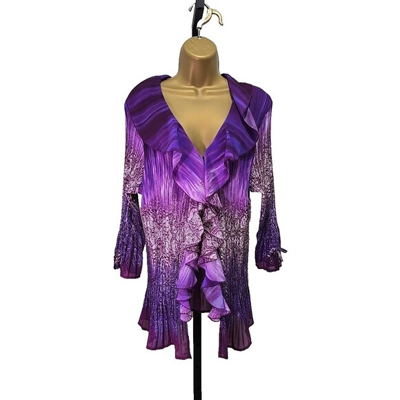 Purple Stretch Open Cardigan Women 2X Ruffle Front Pleated Sparkle Fairy Boho - Picture 1 of 7